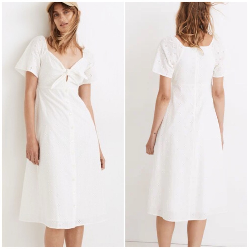 💋Madewell eyelet tie front ivory white Midi Dress. Size 2